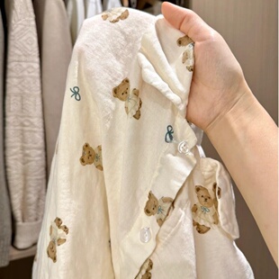 方领长袖长裤A类母婴级全棉双层纱睡衣套装纯棉棉纱月子家居服