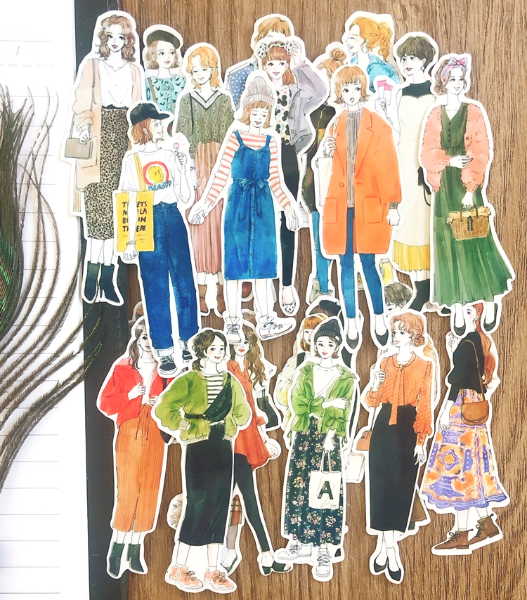 手账贴纸手绘女孩森系穿搭第五弹手帐素材人物可爱不干胶贴纸