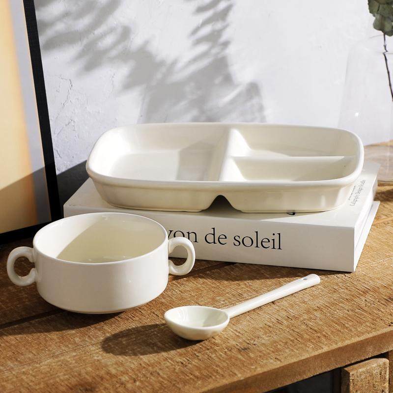 一人食奶油风陶瓷餐盘双耳碗长柄勺套装高颜值ins 餐具创意分格盘,餐饮具,盘,淘宝优惠券,粉丝福利购,淘宝优惠卷