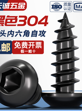 黑色304不锈钢圆头内六角自攻螺丝盘头扁头加长木牙螺钉大全M2-M8