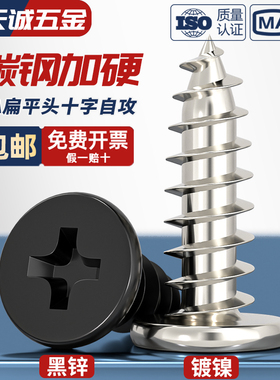 CA铁镀镍/黑色扁平头十字自攻螺丝钉大扁薄头子平头尖尾木自攻丝