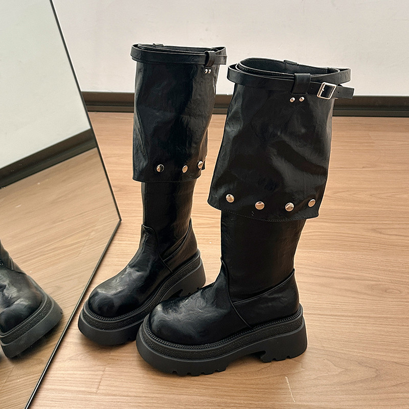 黑色铆钉皮带扣高筒靴女厚底机车靴瘦瘦靴增高时装靴