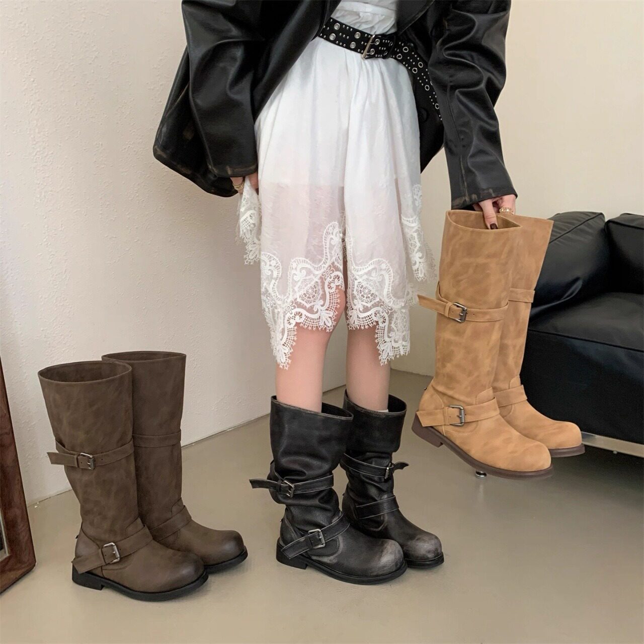 牛仔靴女2026年褶皱靴圆头粗跟皮带扣高筒裤管骑士靴可拆卸裤管