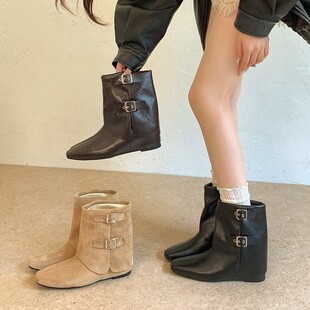 韩版皮带扣短靴内增高女冬季显瘦机车靴平底百搭气质靴子