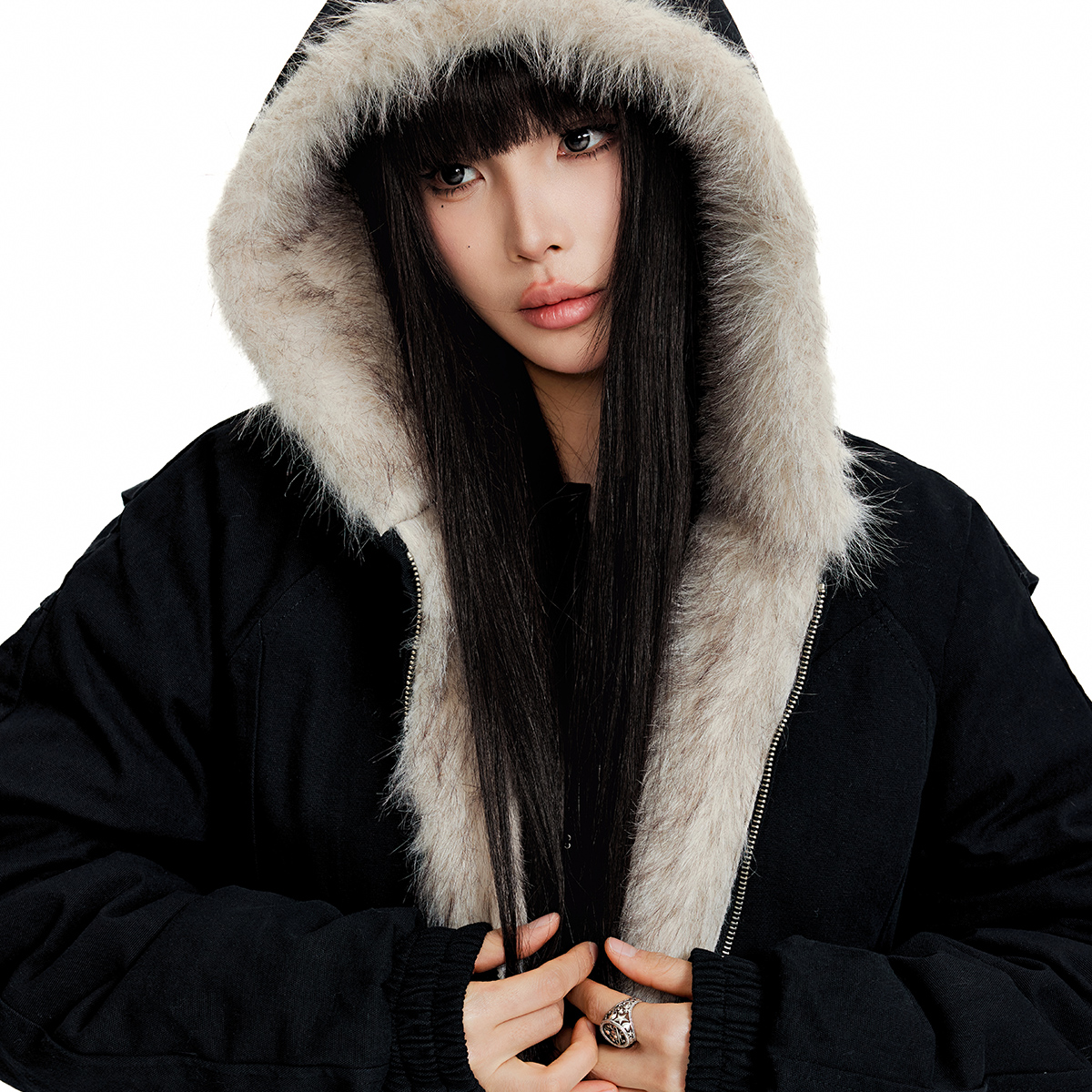 FOGOG美式复古毛领连帽棉服外套