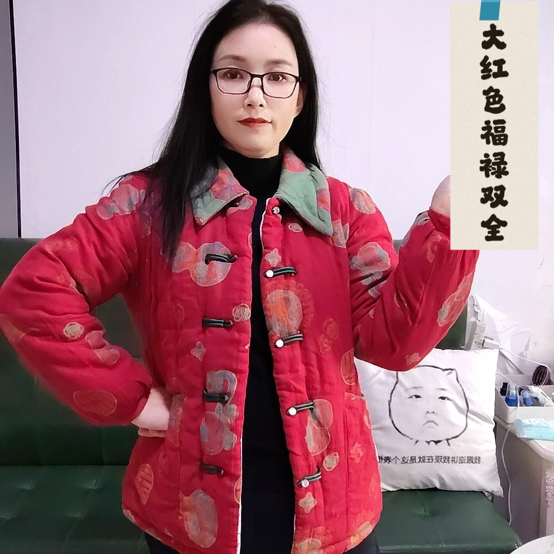 手工棉花棉袄冬季外套棉服本命年大红色福禄双全妈妈装女士棉花袄