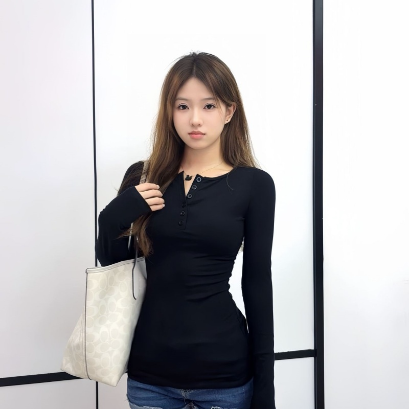 秋季新款设计感纽扣半开领长袖T恤女纯色修身休气质韩版上衣ins潮