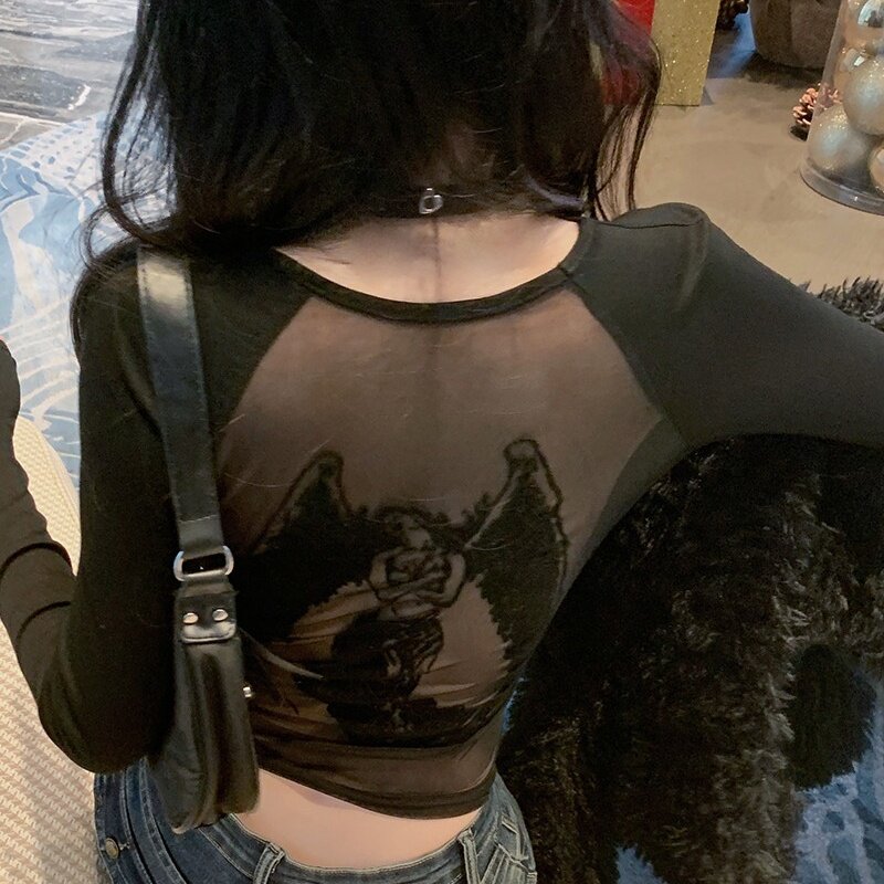 欧美风辣妹微透性感上衣打底衫女春秋修身设计感天使印花T恤内搭