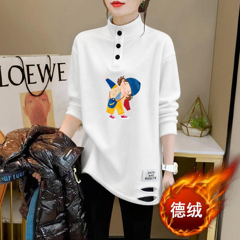 卡通印花破洞纽扣长袖T恤半高领女装秋季宽松设计感超好看上衣ins