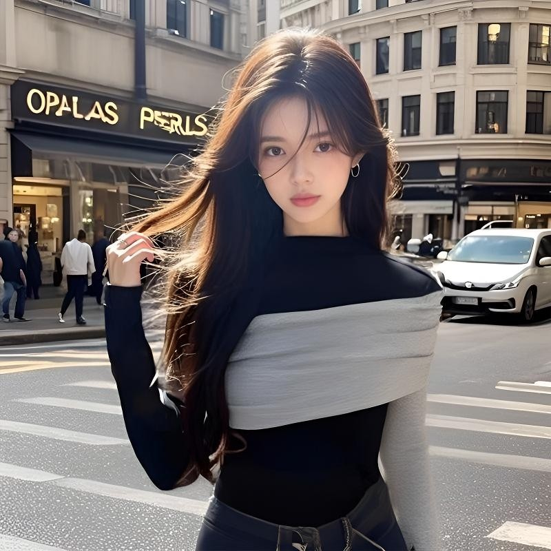 绝美半高领撞色长袖T恤女秋冬德绒辣妹风修身百搭时尚打底衫上衣