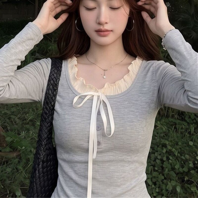 韩系木耳边芭蕾风假两件长袖t恤女春秋季修身显瘦甜美风撞色上衣