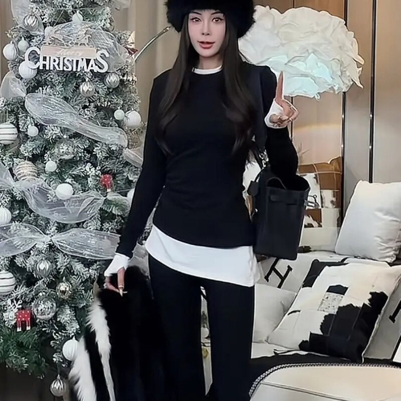 秋冬季中长款假两件打底衫韩系ins百搭圆领德绒保暖内搭上衣女装