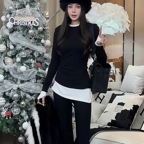 秋冬季中长款假两件打底衫韩系ins百搭圆领德绒保暖内搭上衣女装