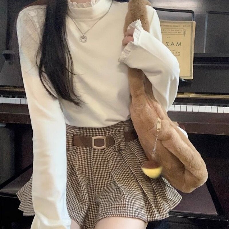秋冬季半高领蕾丝拼接长袖T恤打底衫女纯欲修身气质百搭显瘦上衣