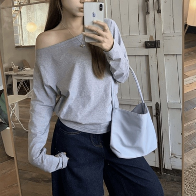 时尚潮流纯色斜领长袖T恤女2026春秋新款宽松百搭设计感上衣ins潮