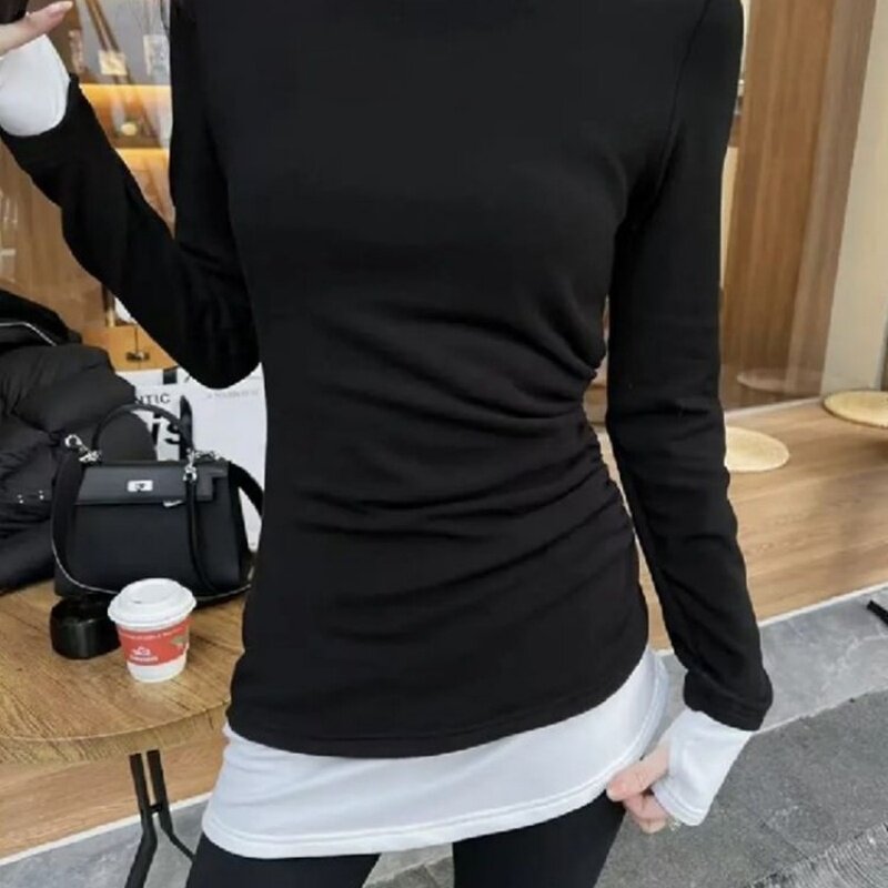 拼接撞色假两件磨毛打底衫女秋冬新款中长款长袖T恤收腰显瘦上衣