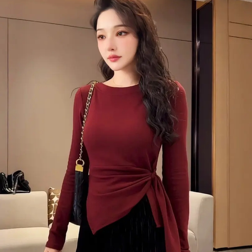 漂亮出片衣服多巴胺长袖t恤女秋季内搭修身显瘦绑带打底衫上衣潮