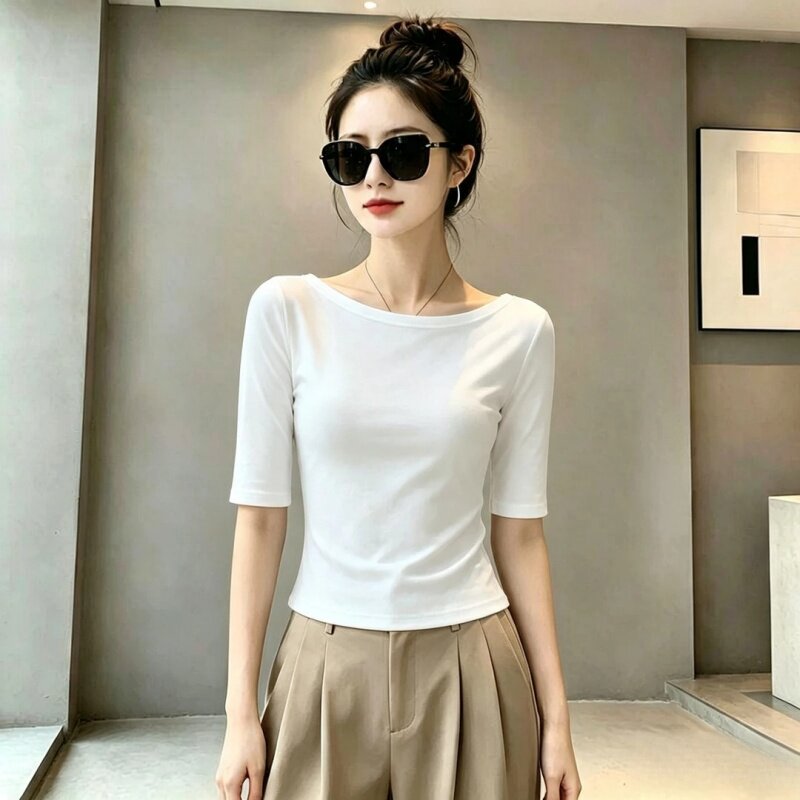 2026春夏季新款一字肩中袖t恤女上衣新款简约修身显瘦百搭打底衫