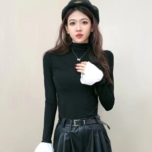 设计感喇叭袖半高领打底衫秋冬季显瘦内搭洋气修身长袖T恤女上衣