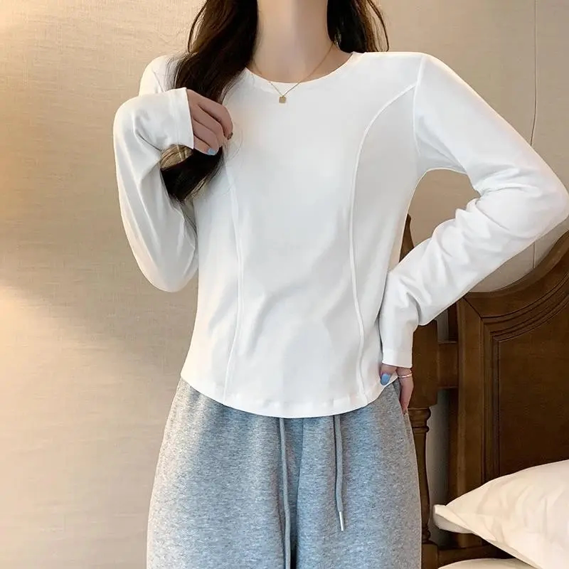 漂亮出片衣服鱼骨长袖t恤女秋季新款修身百搭弧形下摆打底衫上衣