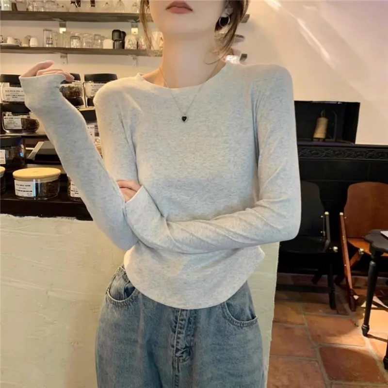 设计感潮流基础纯色长袖T恤女秋冬内搭时尚修身褶皱显瘦打底上衣