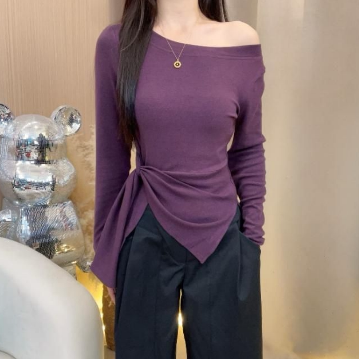 漂亮MM露锁骨斜领长袖T恤女2026秋季设计感绑带修身气质时尚上衣