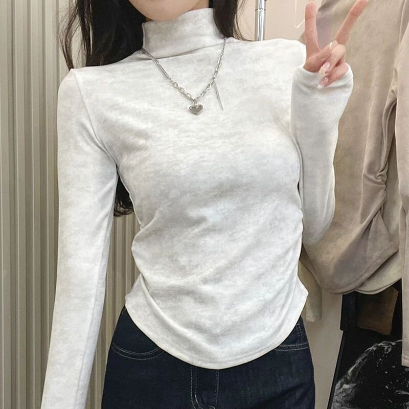 时尚扎染半高领正肩长袖T恤女秋冬德绒保暖褶皱收腰显瘦打底上衣