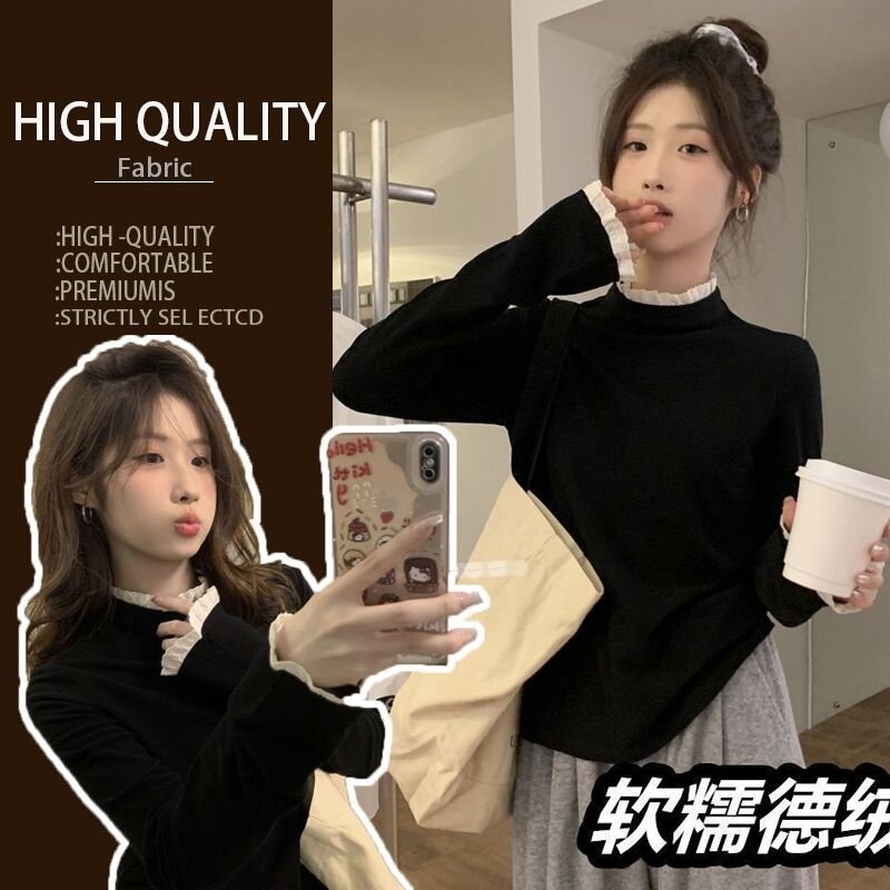 蕾丝花边秋冬季德绒半高领打底衫长袖t恤女装2026新款时尚上衣ins