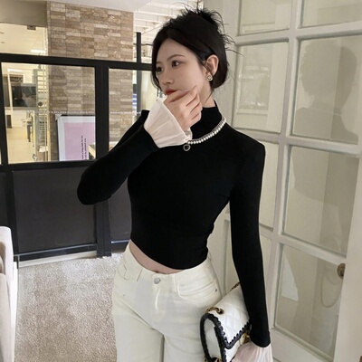 韩系小香风气质喇叭袖半高领设计感上衣秋冬季显瘦德绒保暖打底