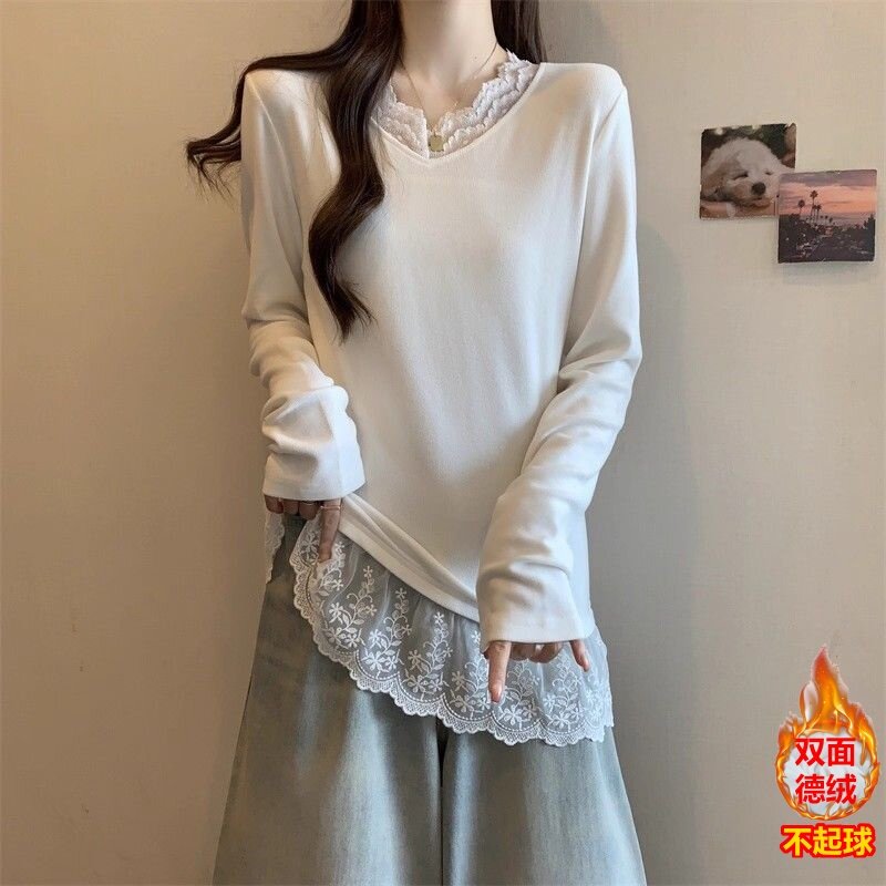 蕾丝拼接秋冬季打底衫2026新款德绒保暖长袖T恤修身百搭女装上衣