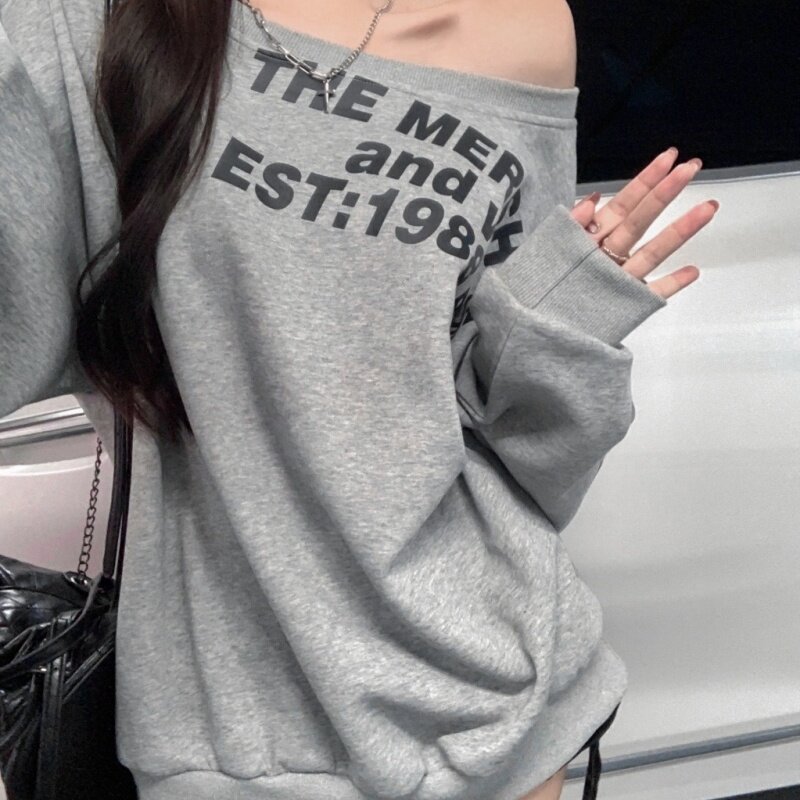 美式设计感斜肩字母印花卫衣女春秋季2026新款宽松显瘦慵懒风上衣