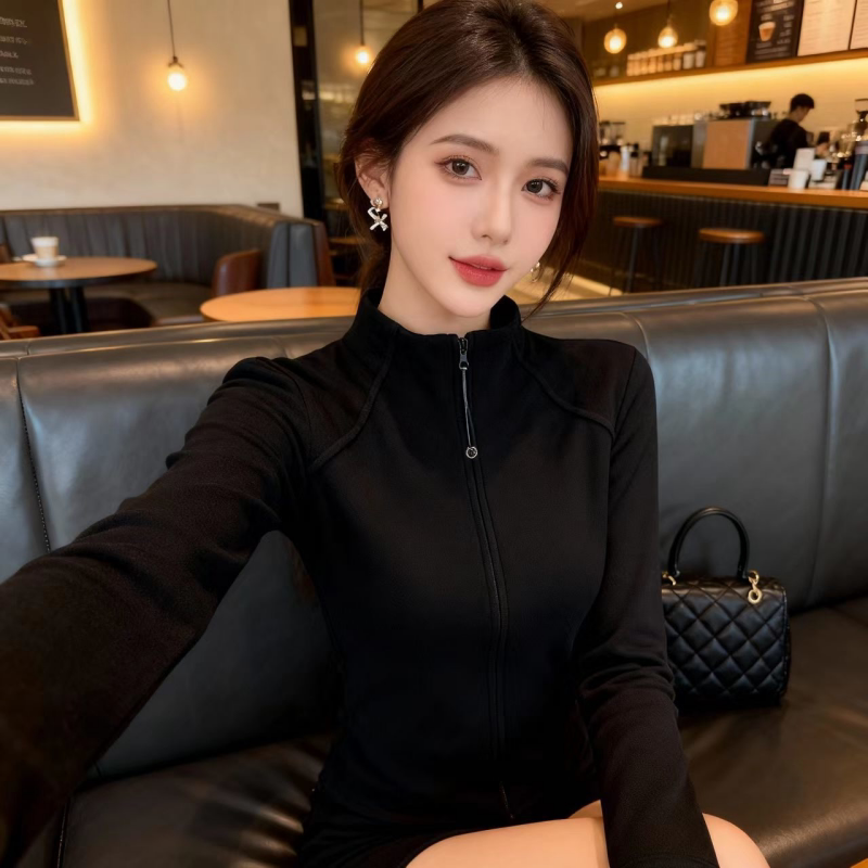 黑色半高领长袖德绒百搭时尚修身正肩个性女秋季拉链设计外套上衣