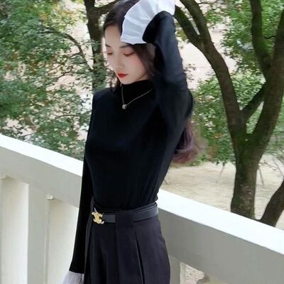 韩系喇叭袖半高领设计感长袖t恤女上衣秋冬百搭修身显瘦保暖打底