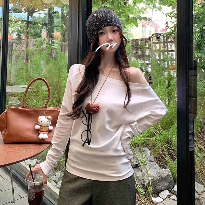 超好看春秋季斜领露肩长袖T恤女辣妹纯色慵懒风百搭宽松显瘦上衣