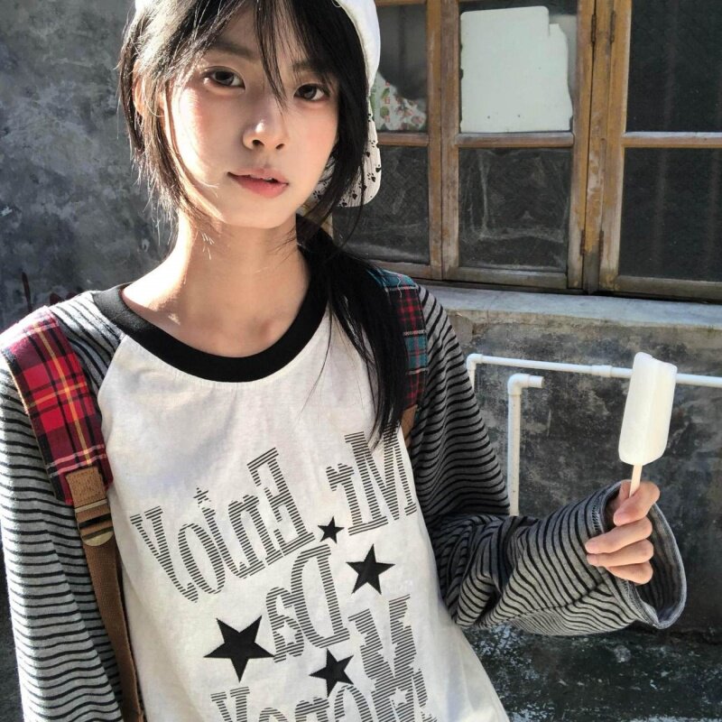 春秋季复古美式条纹插肩星星印花长袖T恤女宽松休闲百搭圆领上衣
