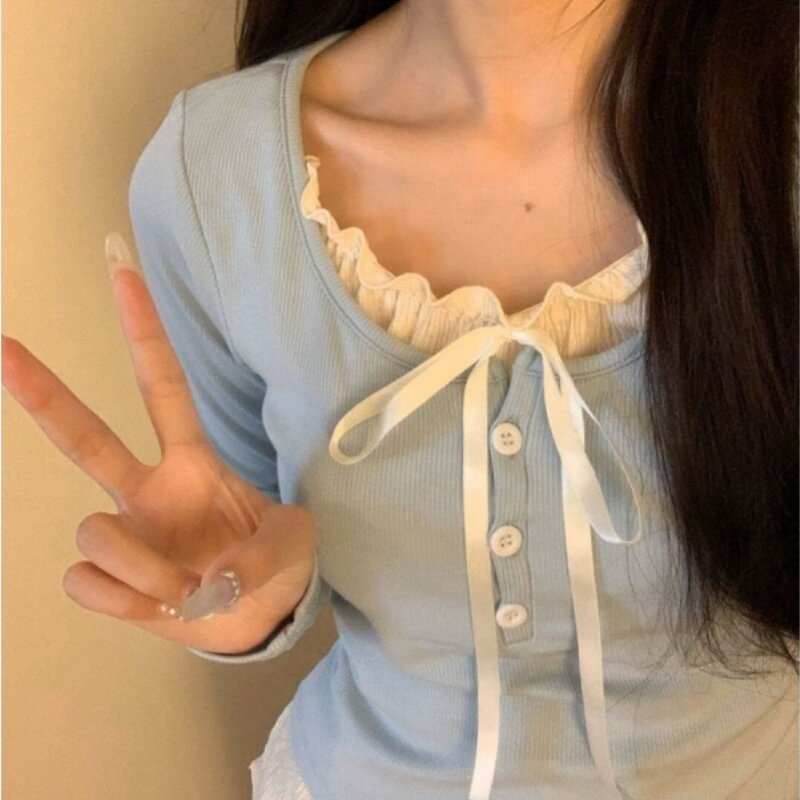 秋季假两件木耳边长袖t恤女系带设计感修身显瘦甜美纯欲少女上衣