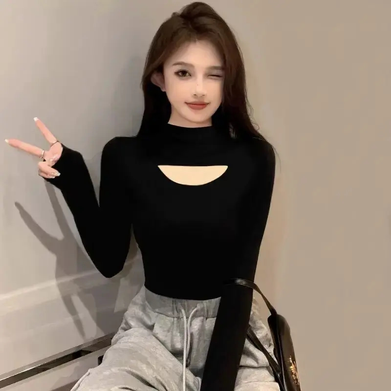 半高领镂空内搭长袖T恤纯色女修身高级感别致打底衫秋季新款上衣
