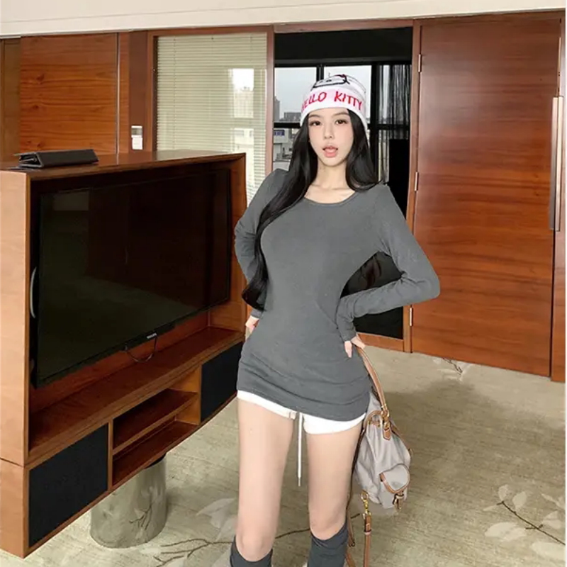 德绒保暖长袖T恤女秋季圆领新款修身辣妹设计漂亮MM收腰打底上衣