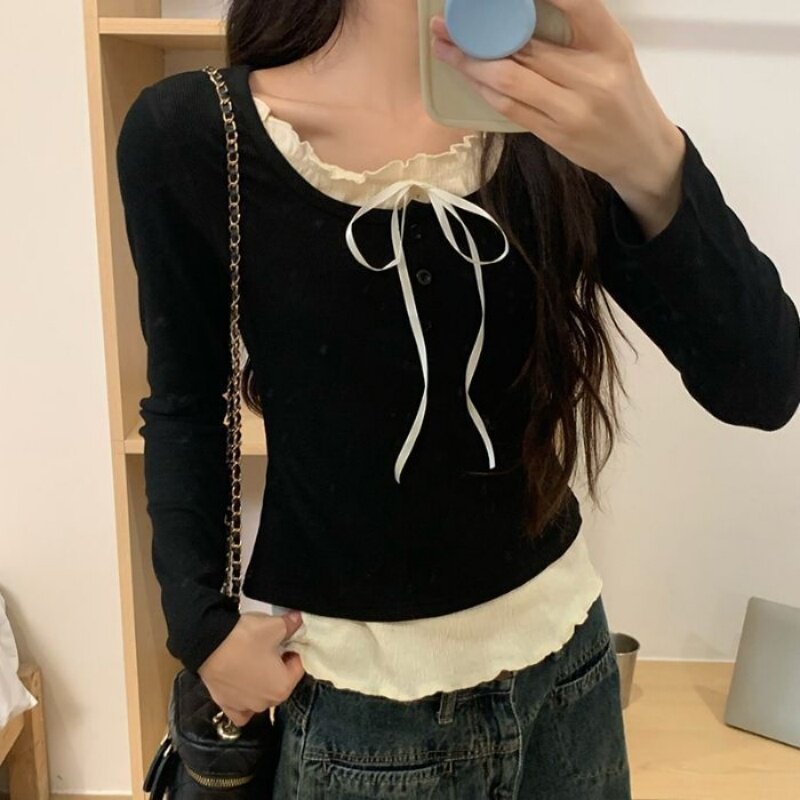 芭蕾风假两件打底衫女秋冬季纯欲甜妹少女内搭设计感小众长袖上衣