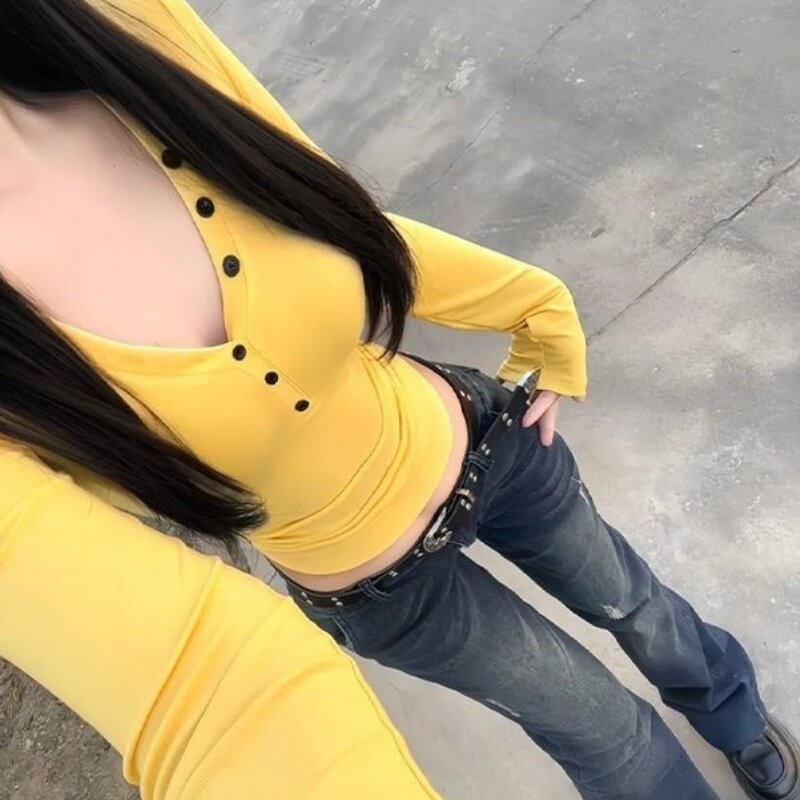 辣妹纯欲风打底衫长袖T恤女秋冬季新款姜黄色修身显瘦V领内搭上衣