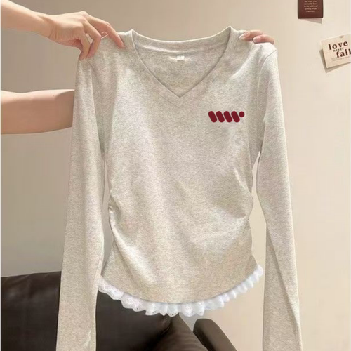 修身V领长袖打底衫女内搭秋季2026设计感洋气蕾丝花边拼接T恤上衣