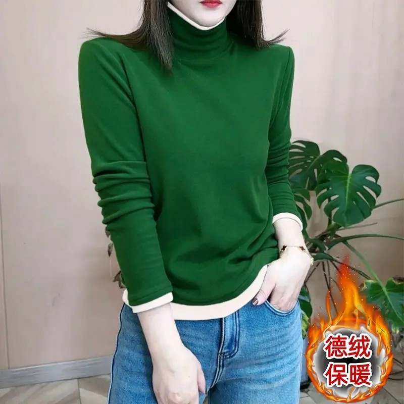 秋冬新款韩版德绒时尚假两件拼色半高领打底衫长袖T恤女减龄上衣
