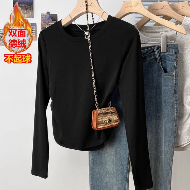 韩系设计感纯色长袖T恤女秋冬褶皱显瘦修身内搭时尚打底衫上衣潮
