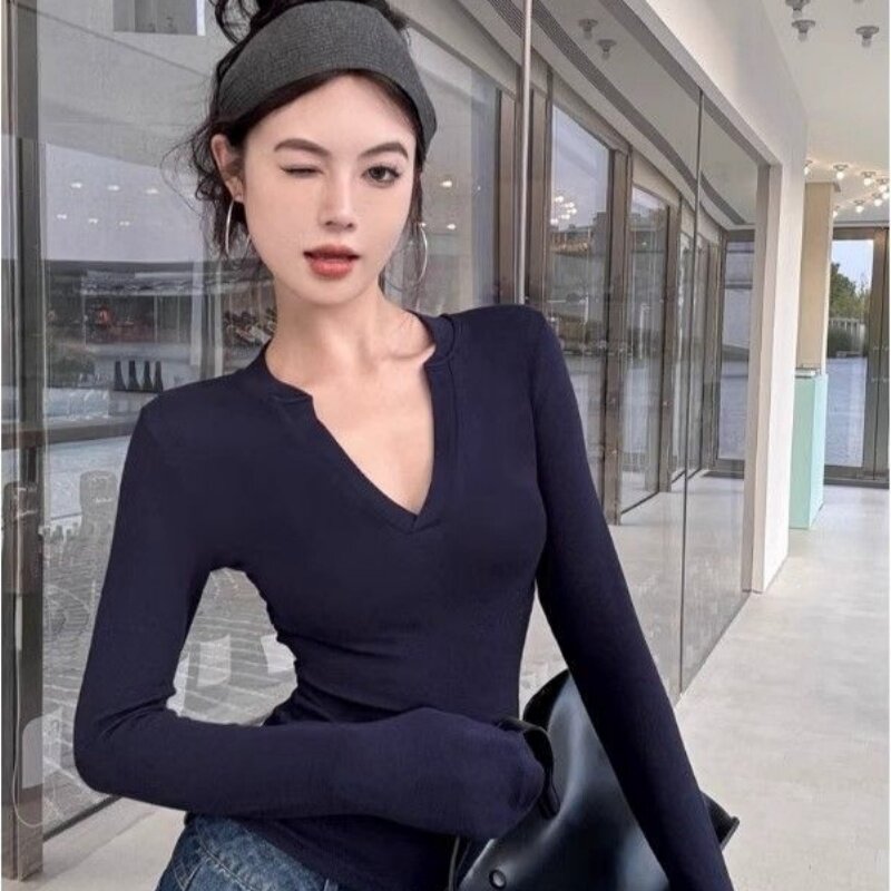 美式辣妹藏青色V领正肩长袖T恤女春秋季内搭修身收腰显瘦短款上衣