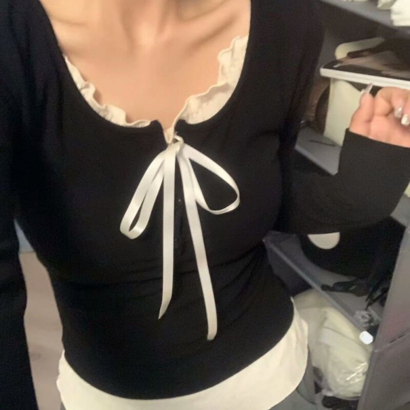 春秋季假两件内搭打底衫女早秋芭蕾风纯欲长袖t恤女上衣修身别致