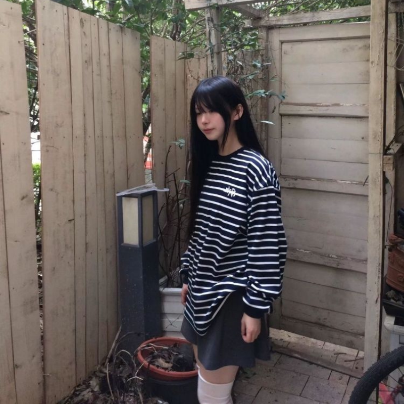 美式字母刺绣条纹圆领长袖T恤女秋季新款宽松休闲慵懒藏青色上衣
