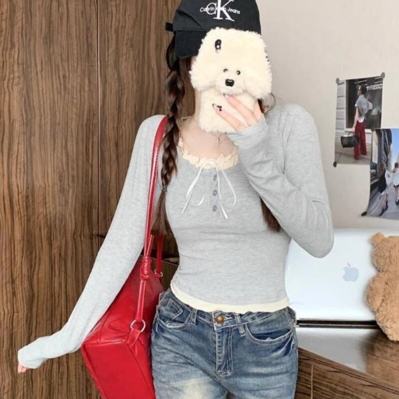 假两件系带设计长袖T恤女秋季2026新款纯欲风甜美少女穿搭上衣ins