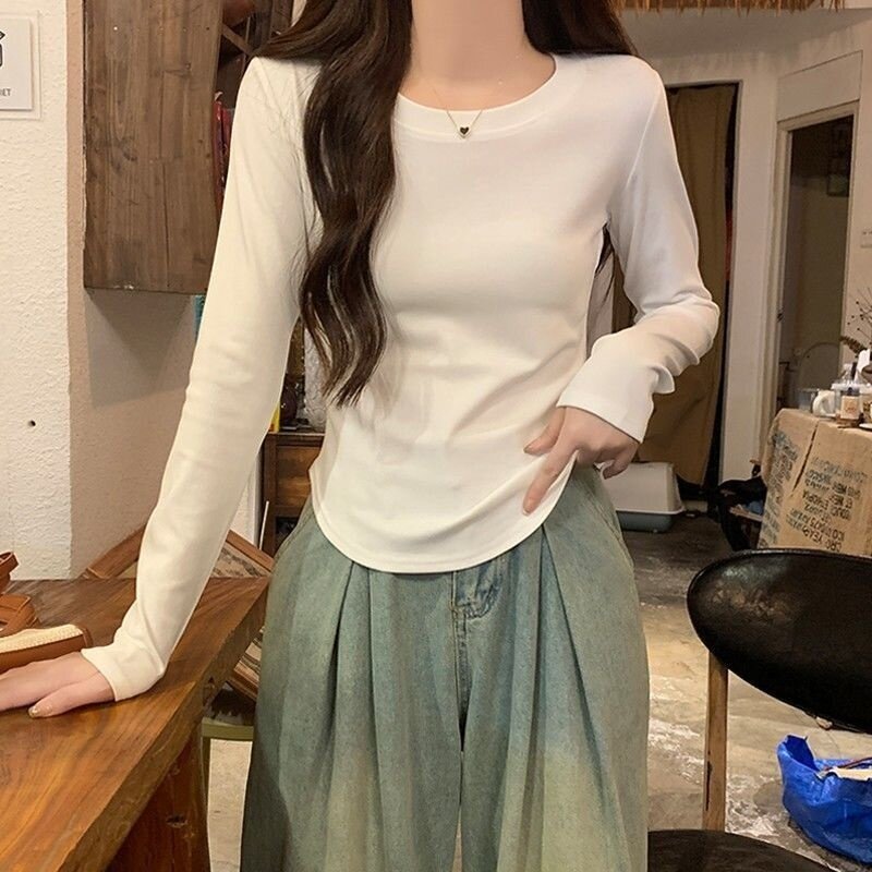 纯色德绒正肩长袖t恤女2026秋冬新款设计感小众修身显瘦百搭上衣