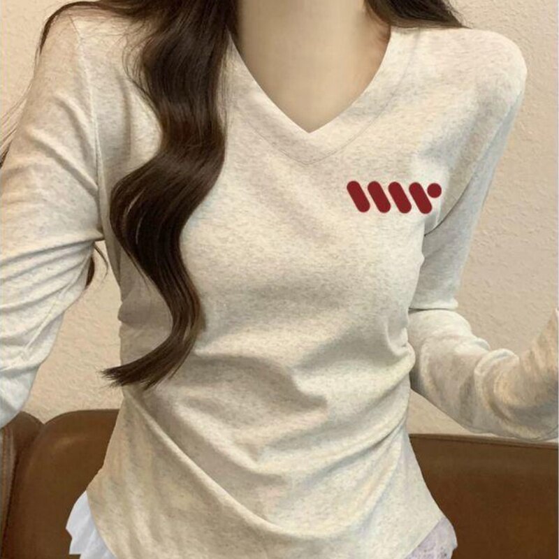蕾丝花边掐腰撞色长袖V领T恤女装秋季显瘦修身显瘦打底衫上衣ins