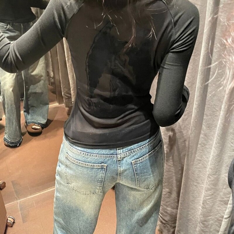 新款天使印花辣妹性感露背长袖t恤女2026春秋季修身显瘦内搭上衣